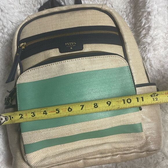 Fossil coated canvas  backpack beige & mint green navy blue trims & Straps - Picture 5 of 11